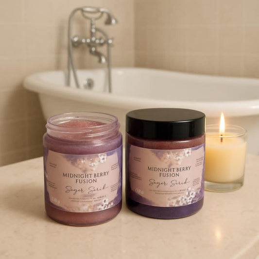 Midnight Berry Fusion Sugar Scrub – Exfoliating Body Polish with Shea Butter & Coconut Oil | Handmade Berry Scented Skincare | Luxurious Body Exfoliator